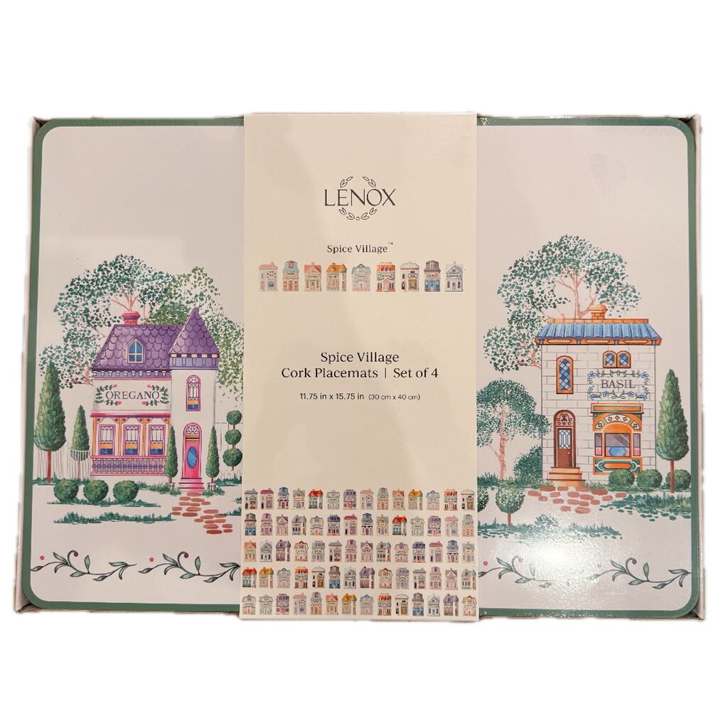 Lenox Spice Village White Green Cork Placemats Set of 4 Cottagecore NEW Tags